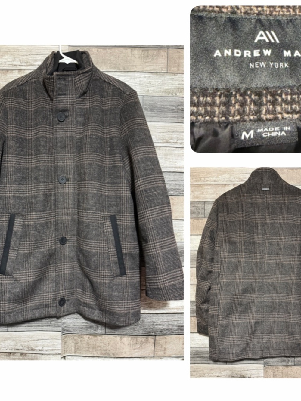 Andrew Marc New York Plaid Wool Blend Overcoat Men’s M Brown Full Zip Buttons